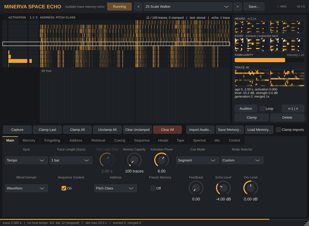 The plug-in window with the Pitch Class address: sparse bright marks on a dark matrix.