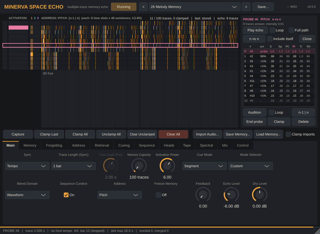 The plug-in window with the probe panel: a ranked list of traces with similarity columns, and magenta activation bars in the matrix.