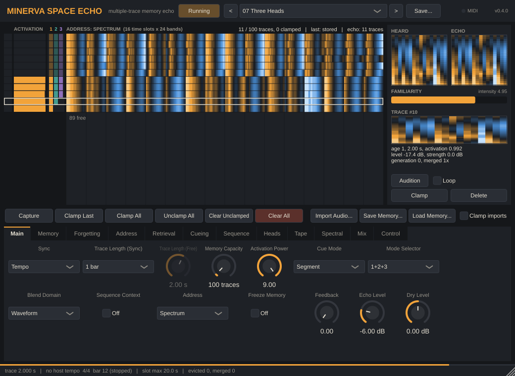 The plug-in window, with the memory matrix at the top left, the Heard and Echo spectrograms at the top right, and tabbed parameter pages below.