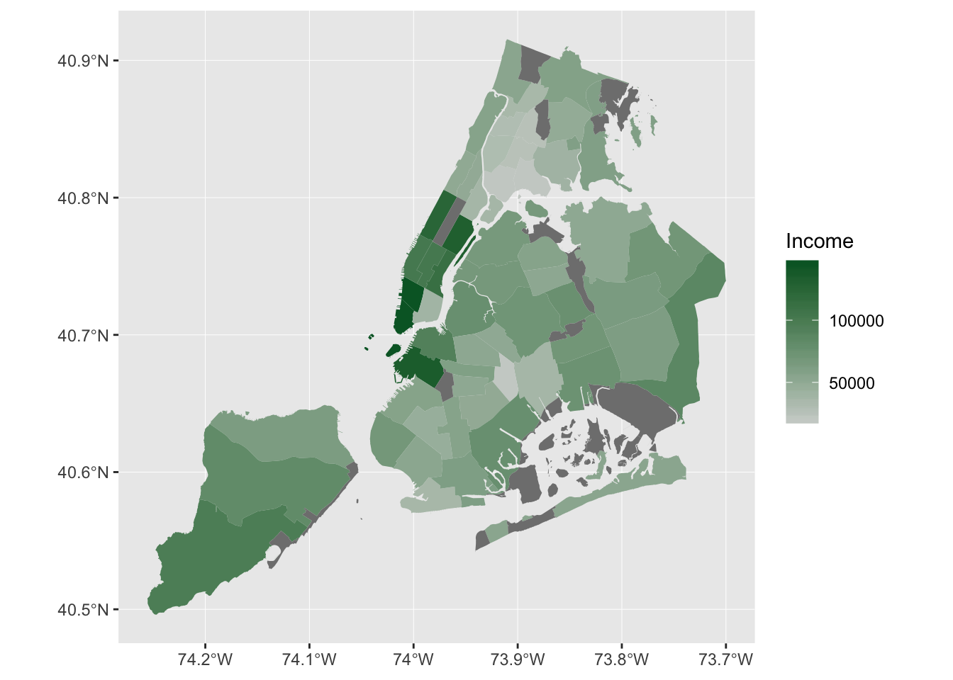 A choropleth map that indicates the income levels across New York City at the community district level